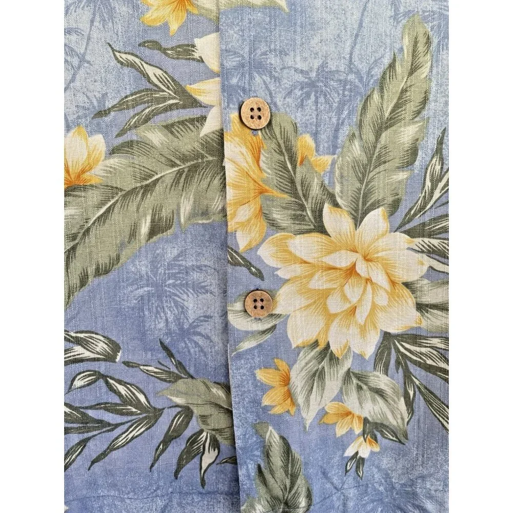 Bermuda Bay Men's Hawaiian Shirt Short sleeves 100% Silk Size Large Blue Floral